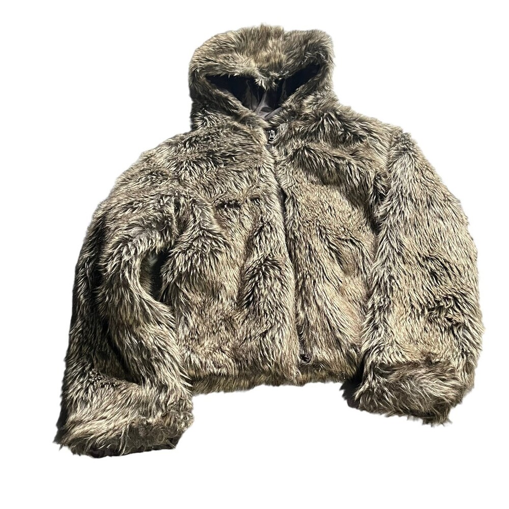 Old Navy Girls Sz L 10-12 Yrs Brown Faux Fur Hooded Dressy Winter Jacket Coat